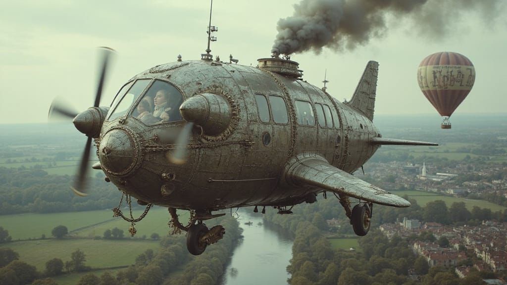 Steampunk Dog Aircraft with Silver Filigree in Art Nouveau S...