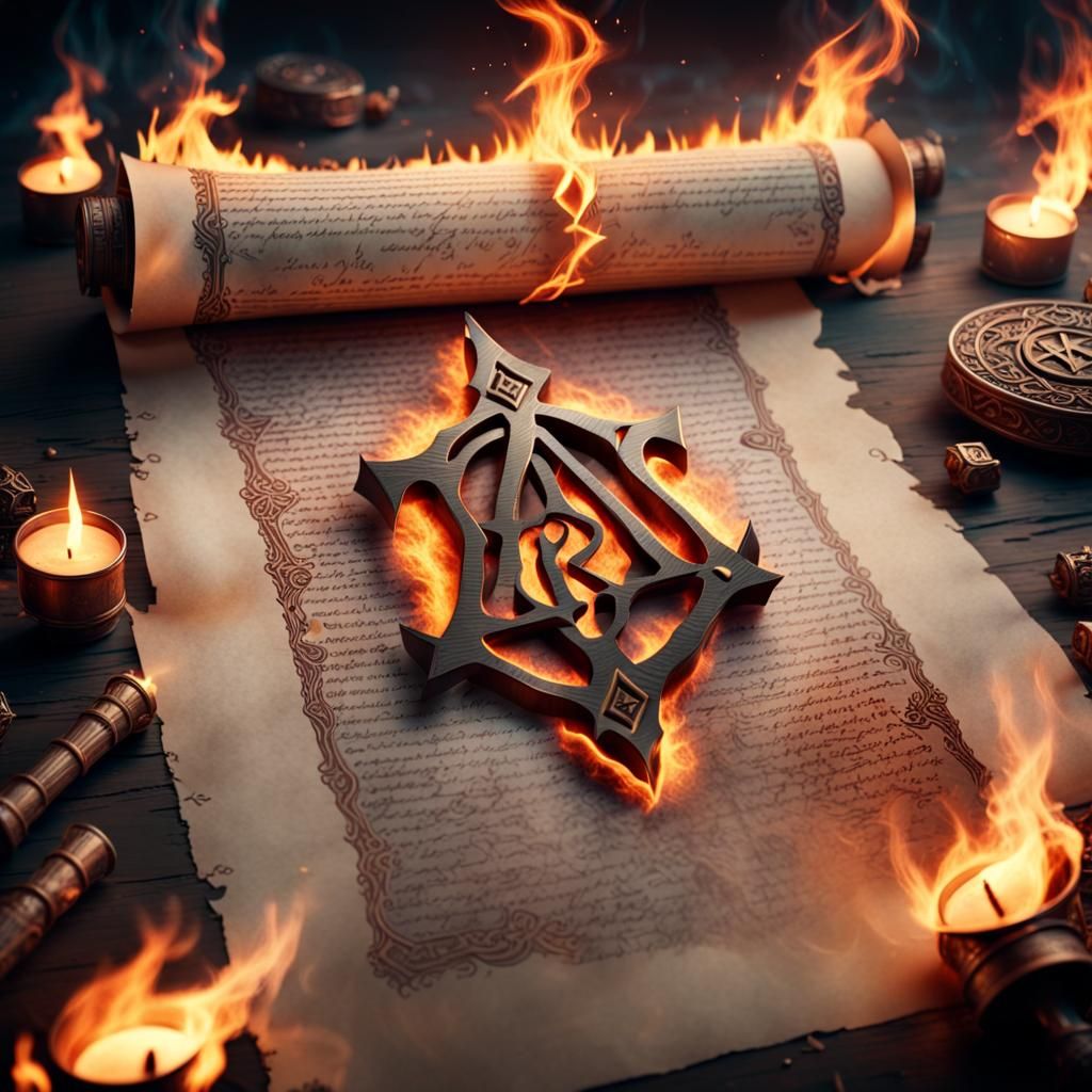 Flaming Fantasy Rune on Paper Scroll