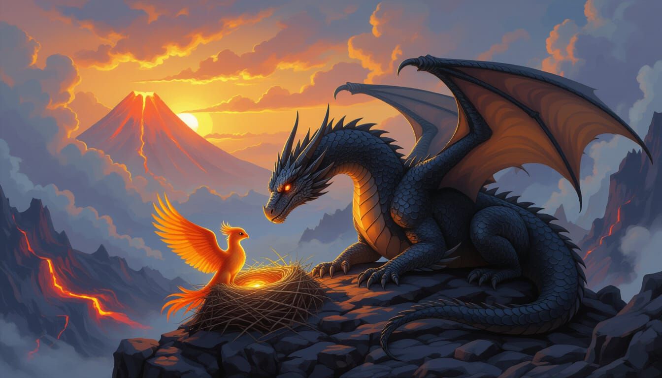 Dragon Guides Baby Phoenix in Volcanic Landscape