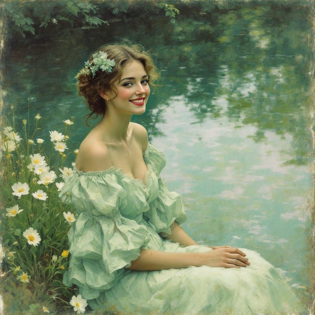 Smiling Woman in Light Green Dress by Lake
