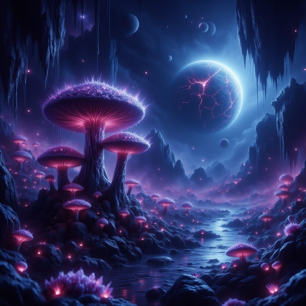 Ethereal Mystical Mushrooms Bloom on a Celestial Planet
