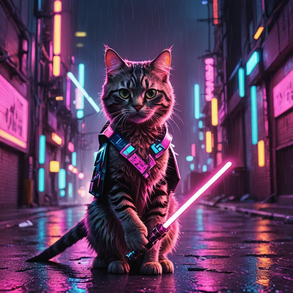 Neon Cat Wields Lightsaber in Synthwave Alleyway