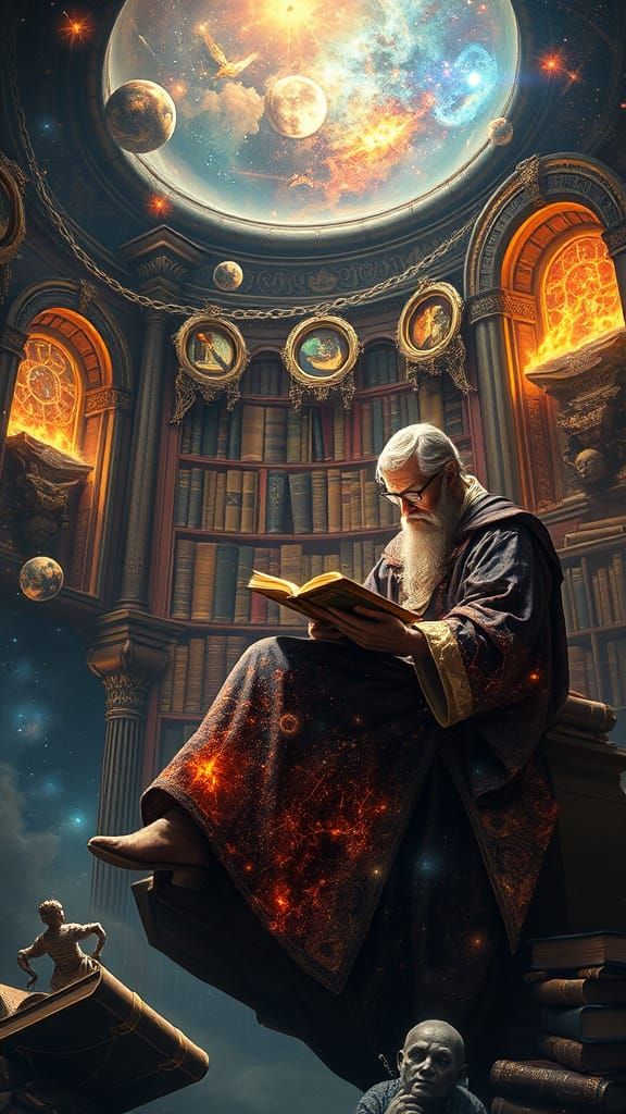 Cosmic Library: Scholar Studies Celestial Manuscript