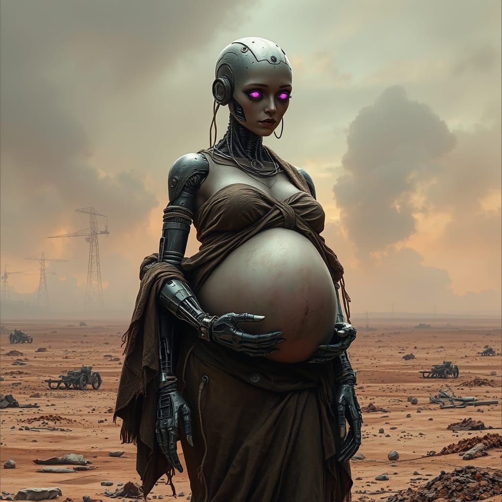Pregnant Cyborg in Post-Apocalyptic Dystopia