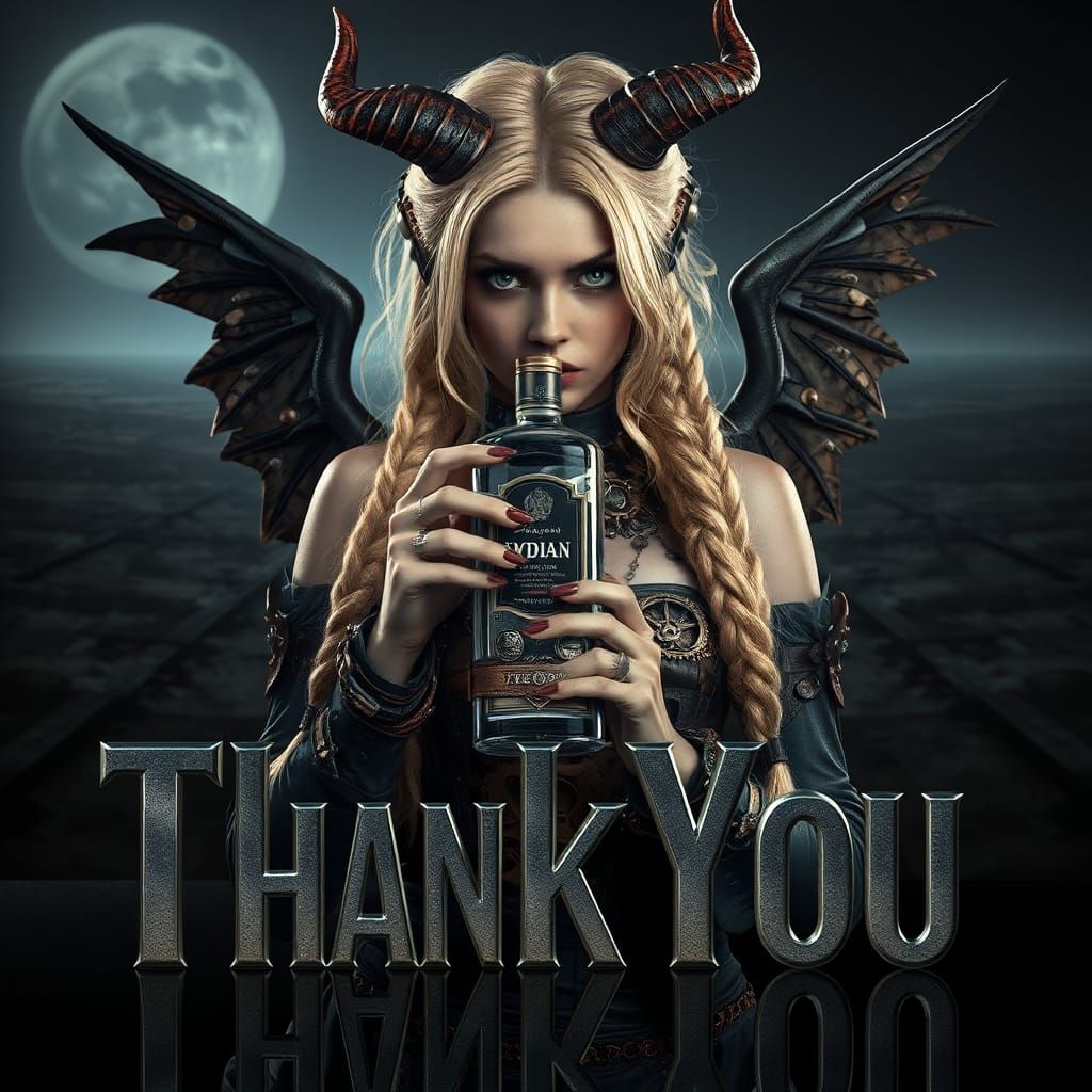 Stunning blonde temptress with long blonde braids devil horns and wings holding vodka  epic hyperrealistic photo::detail...