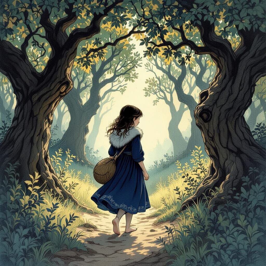 Young Girl in Blue Dress in Ancient Oak Forest