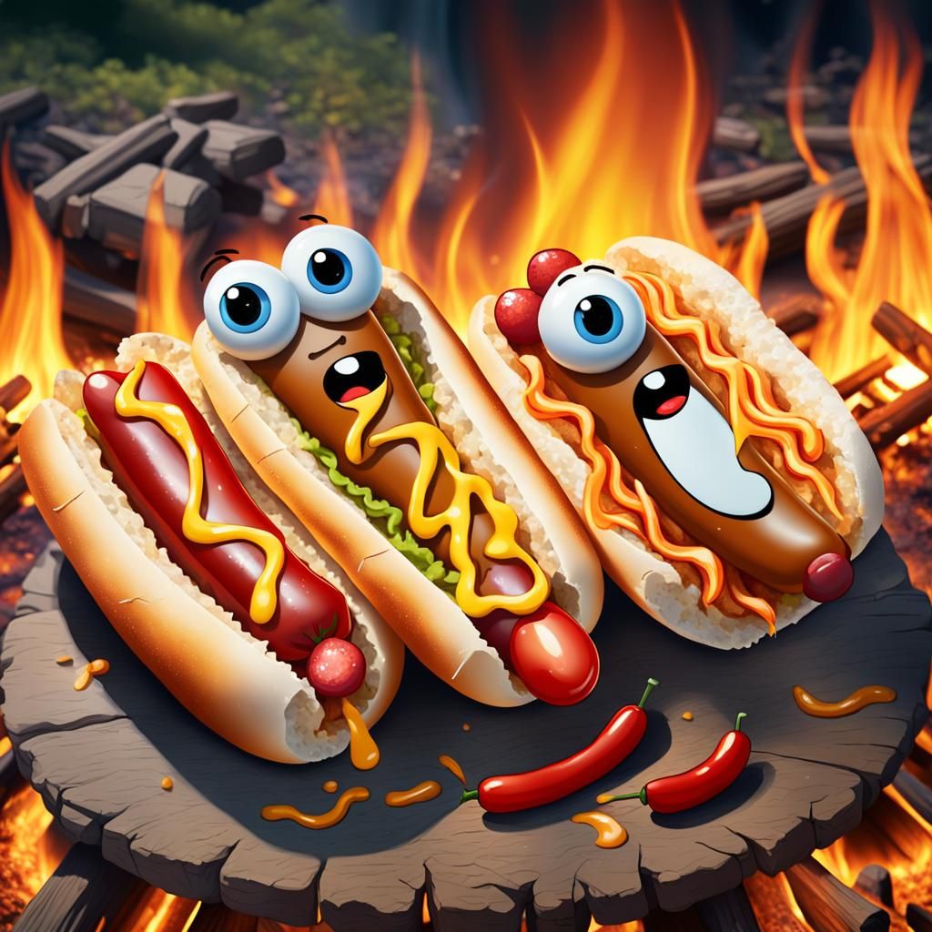 Cartoon Hot Dogs Warming by Bonfire
