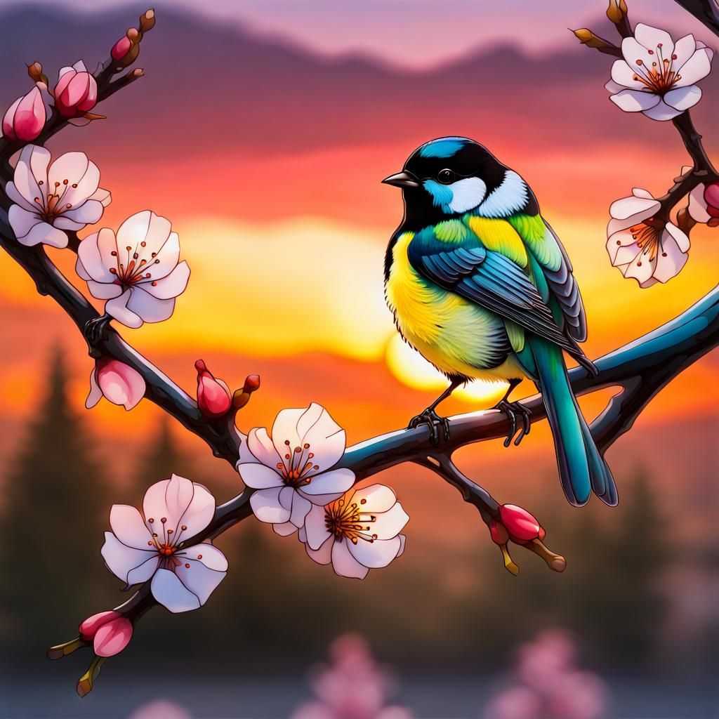 Glass Tomtit on Cherry Branch at Sunrise