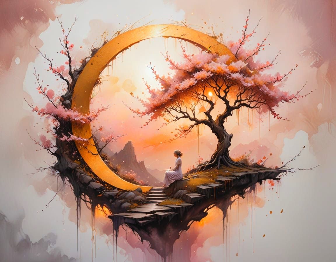 Surreal Golden Moon With Luminous Tree and Lone Figure