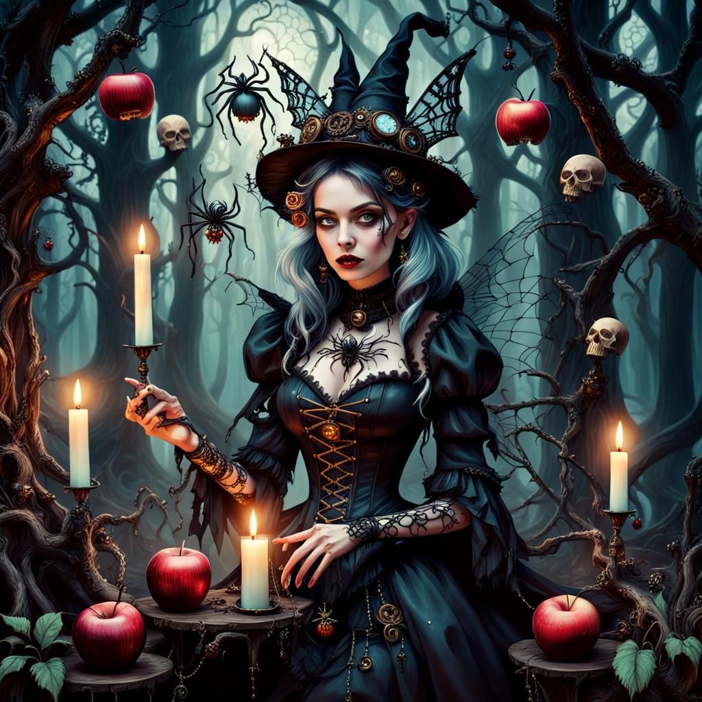 Steampunk Gothic Fairy Witch in Enchanted Forest