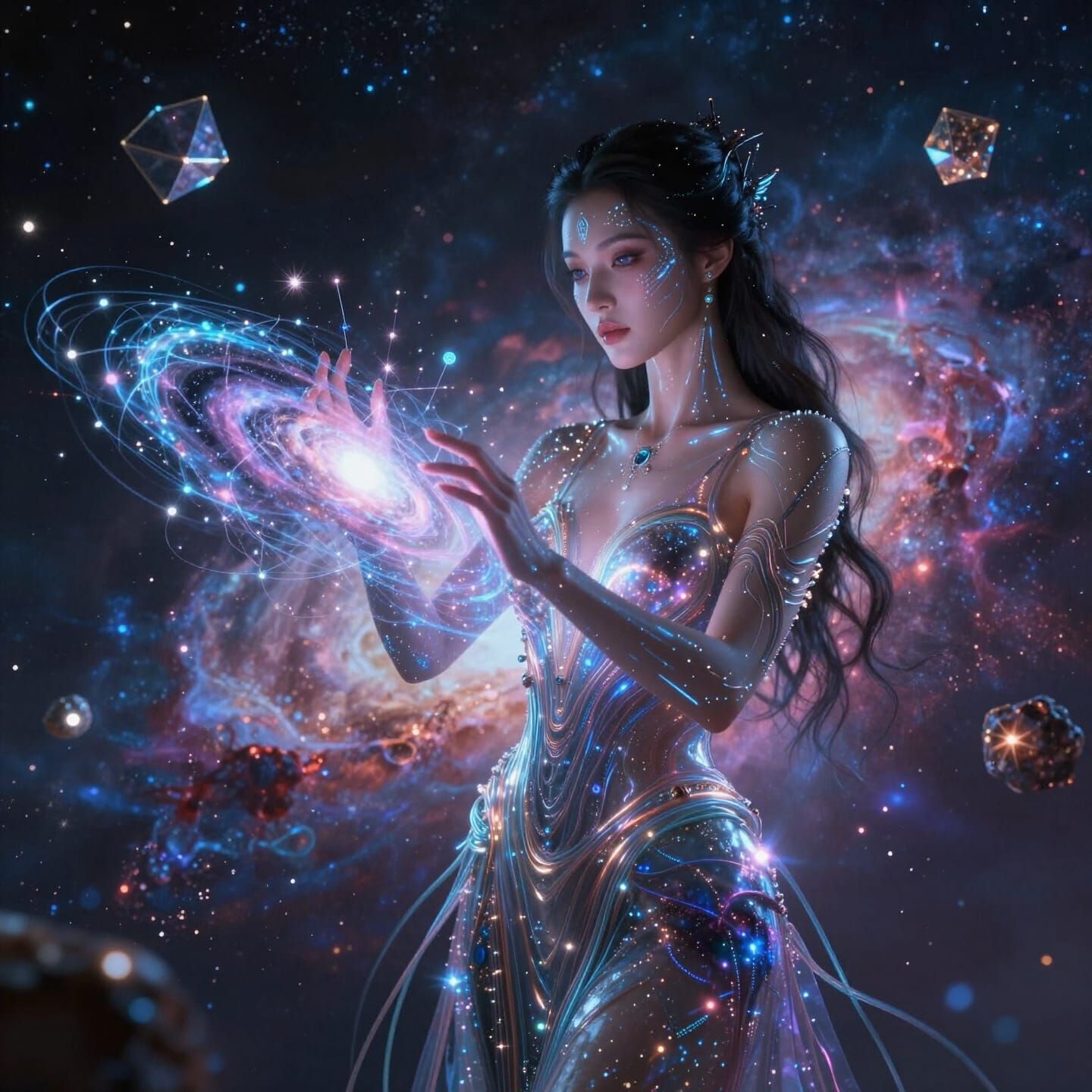 Regal Woman Weaving Galaxy in Cosmic Void