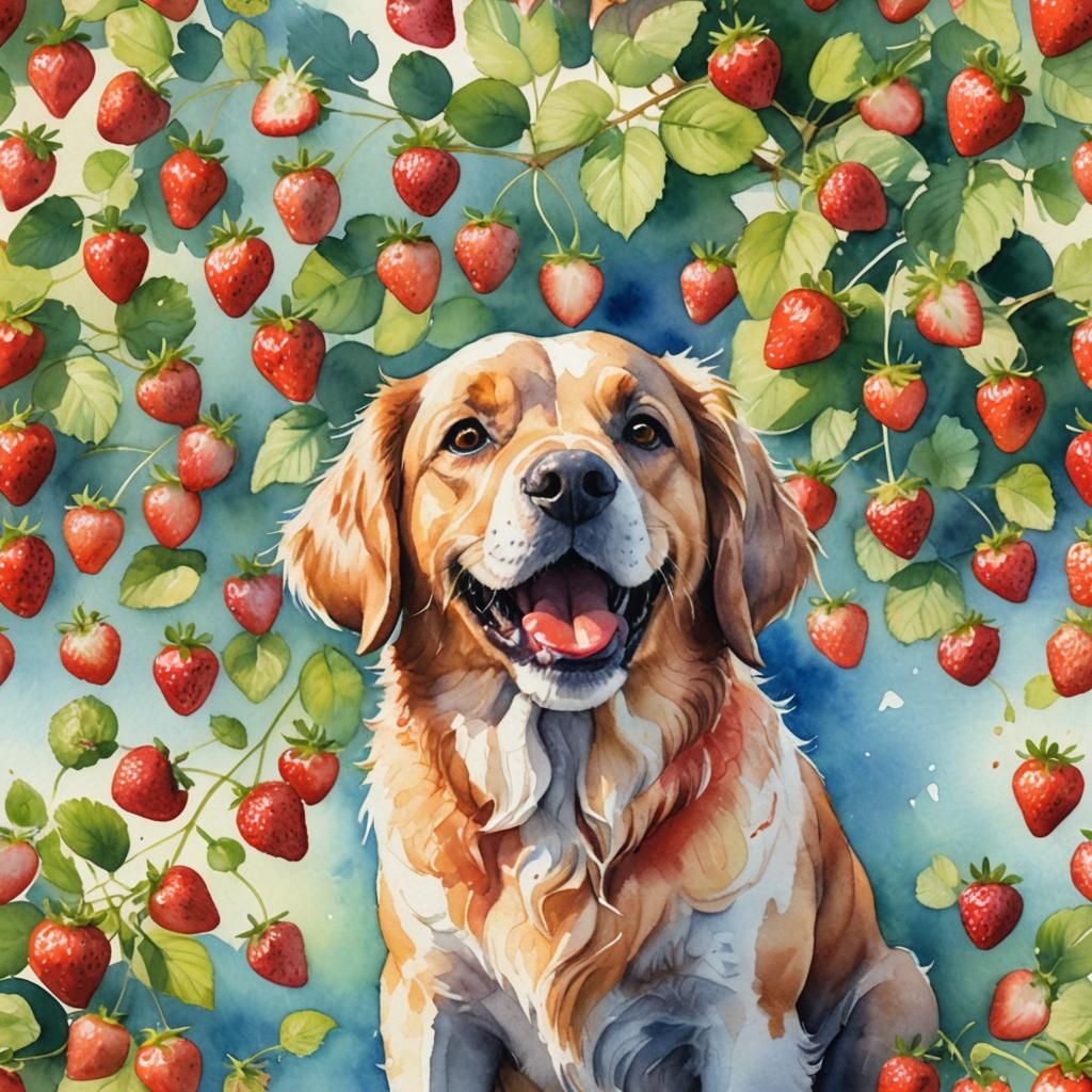 Dog Enjoying Strawberry in Watercolor Illustration