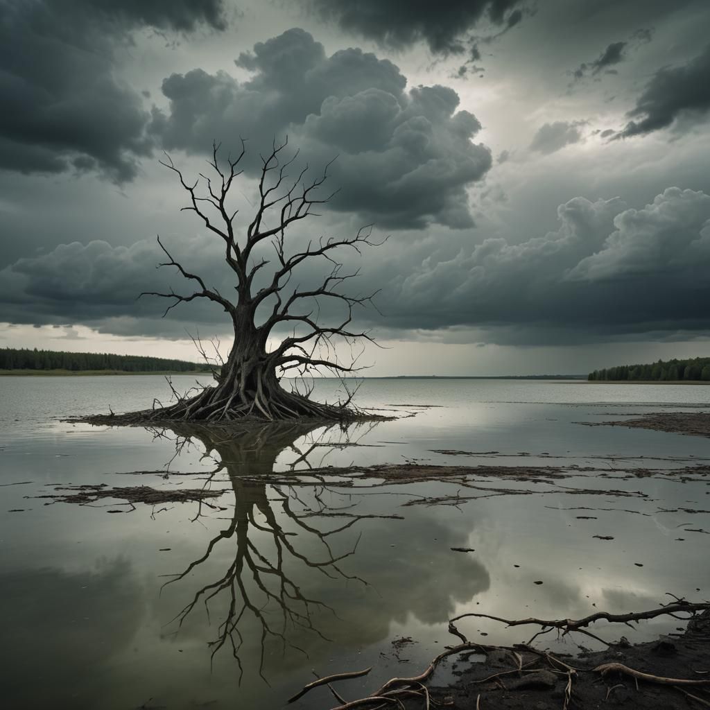 Environmental Surrealism: Lonely Tree on Polluted Lake