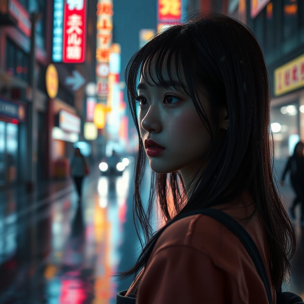 K-Pop Girl's Emotional Reflection in Neon City