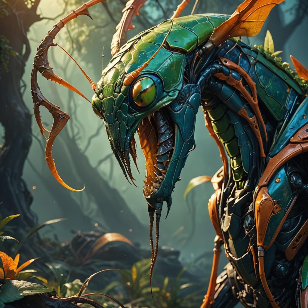 Giant Mantis Eats Head: Vibrant Fantasy Concept Art