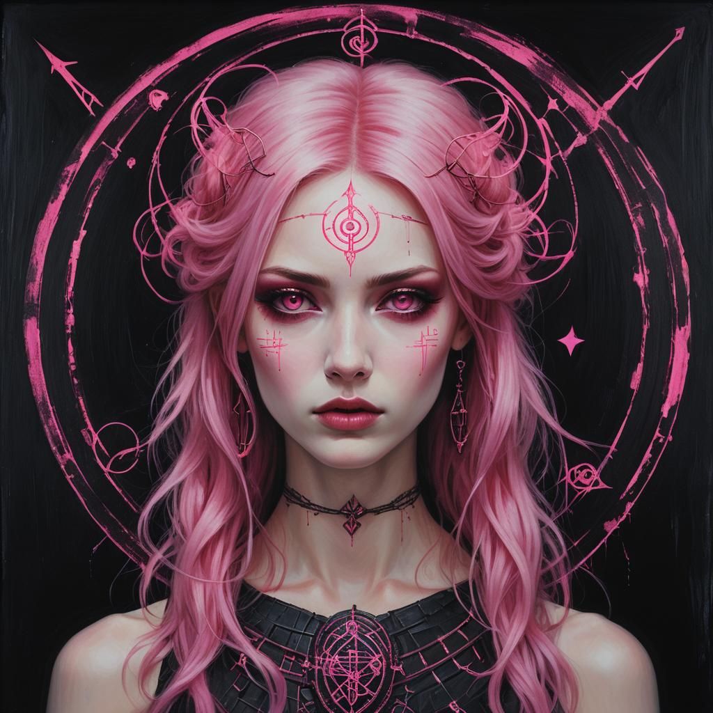 Goddess Portrait with Pink Hair in Surreal Style