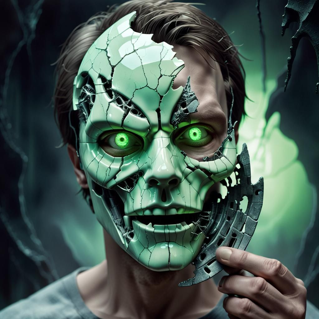 Man with Broken Cyborg Mask Digital Art