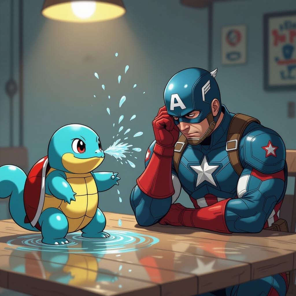 Squirtle Pranks Captain America in Comic Book Art