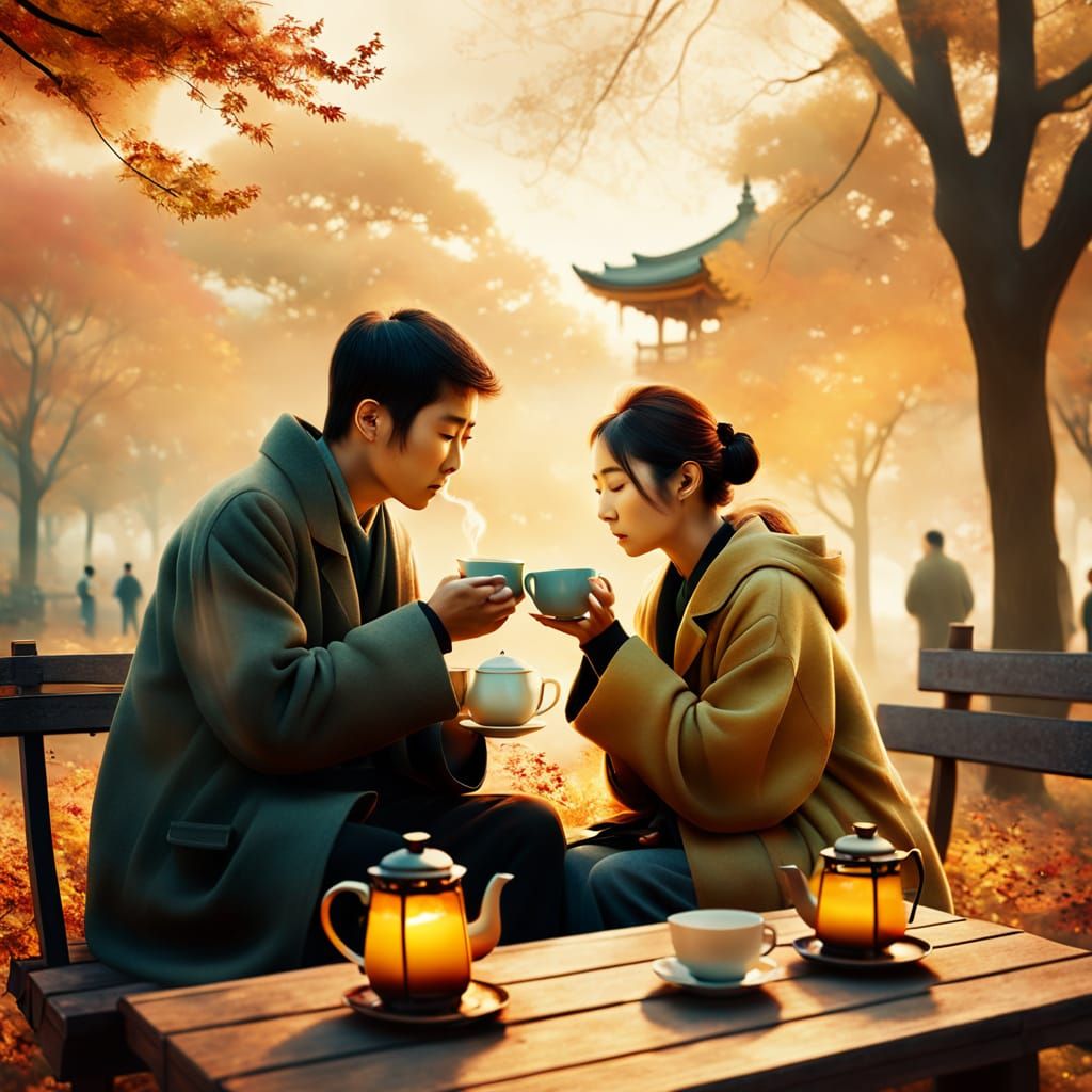Couple Share Tea in Autumn Park: Tonalist Photograph