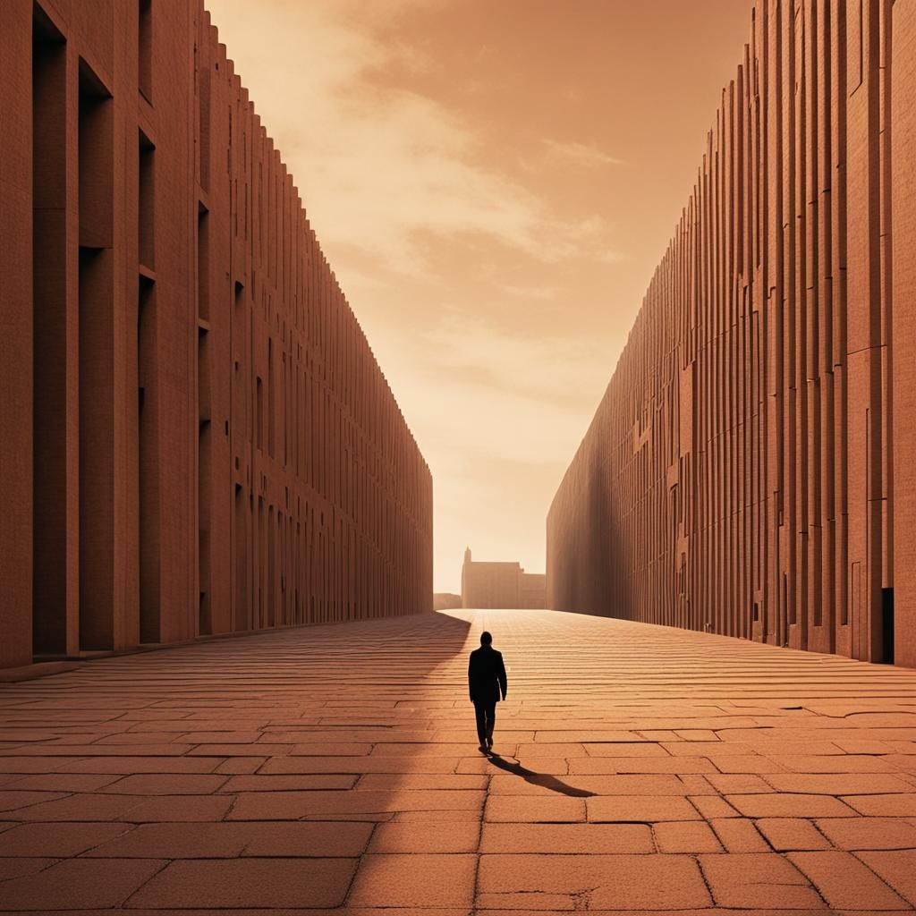 Sienna Landscape with Brutalist Architecture in Precisionist...