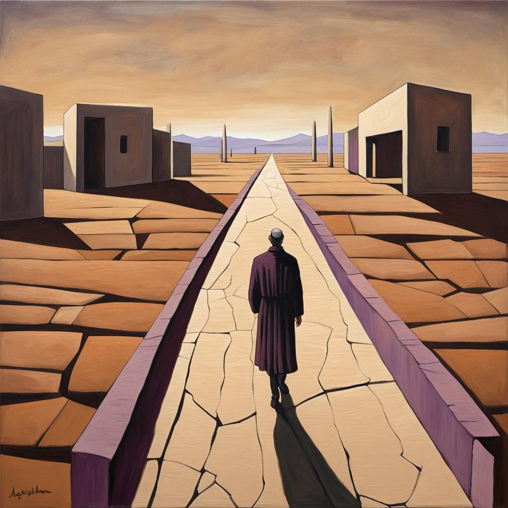 Desolate Path: Surreal Landscape Painting in Brutalist Style