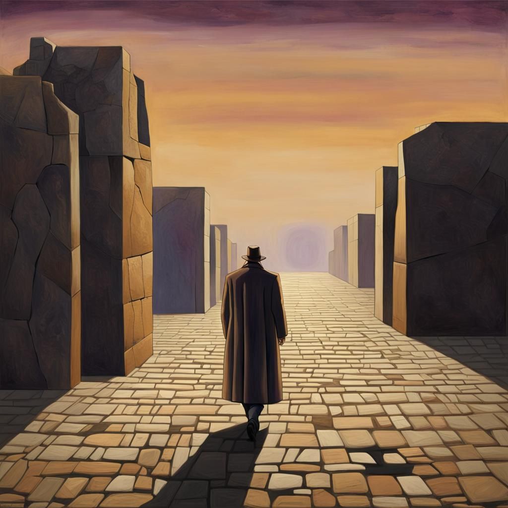 Lone Figure on Desolate Path in Surreal Style