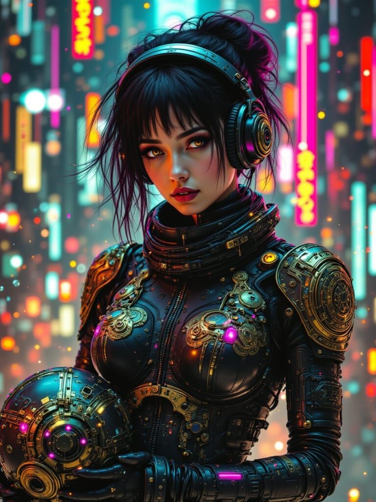 Cyber Steampunk Goddess Embracing Futuristic Metropolis