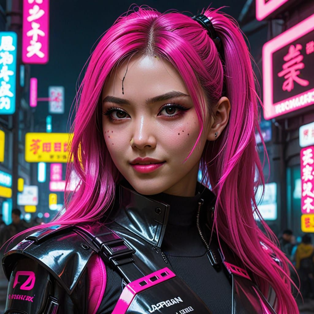 Beautiful Neo Tokyo Pop Girl in Hot Pink and Black with Saku...