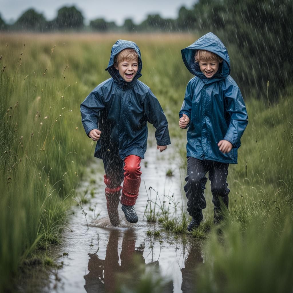 Boys Play Hide and Seek in Rainy Field