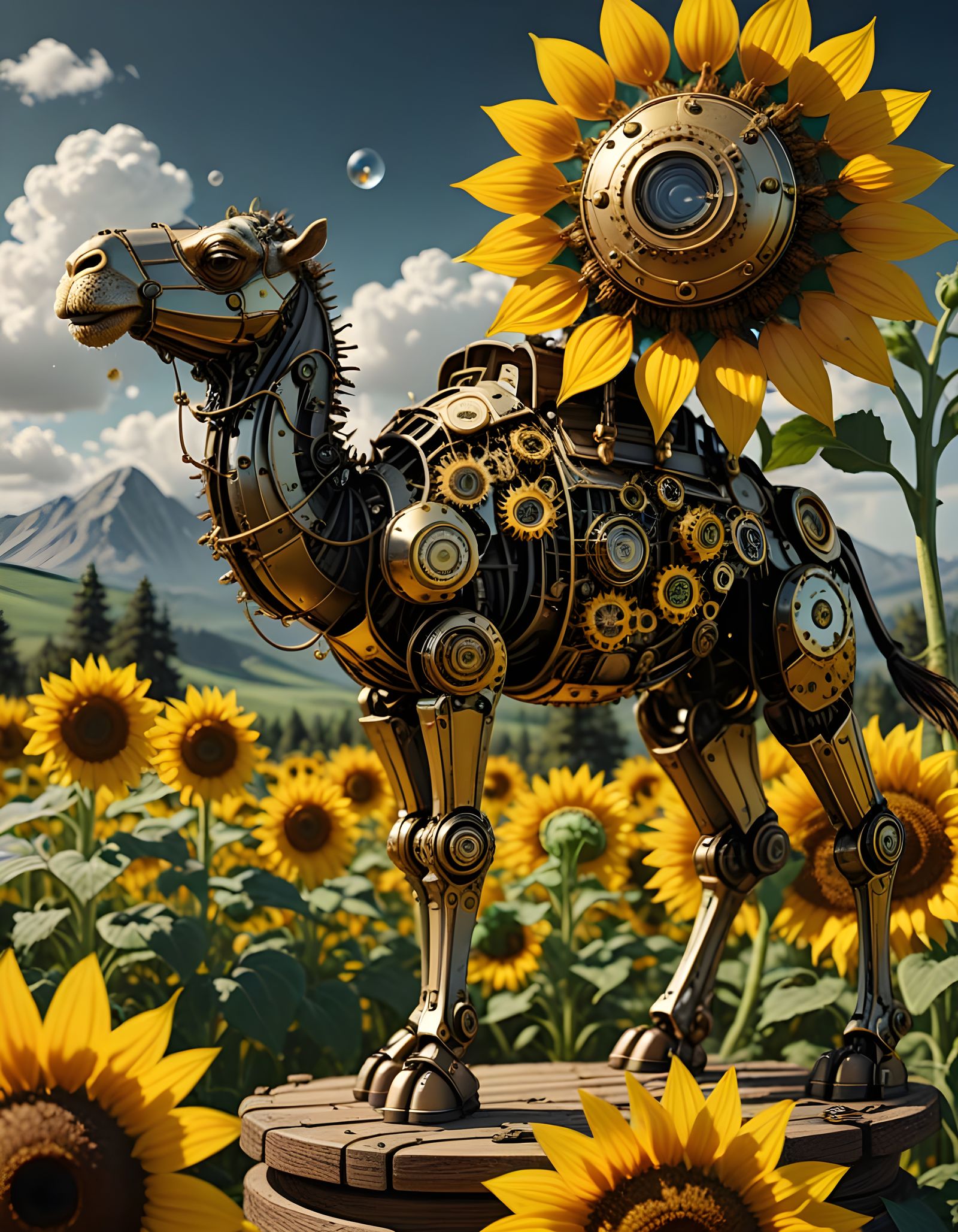 Steampunk Robot Camel in Sunflower Field