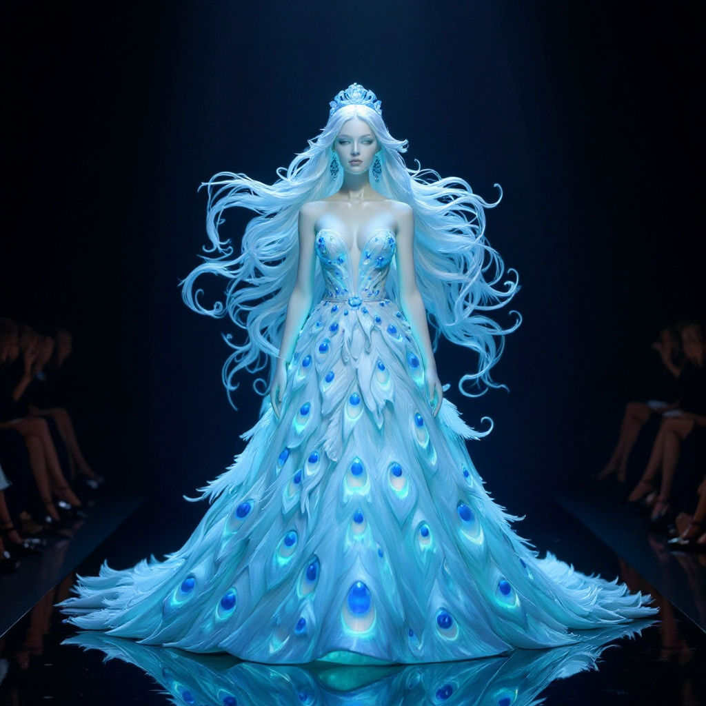 Feather Couture Gown: Peacock Hues and Metallic Sheen