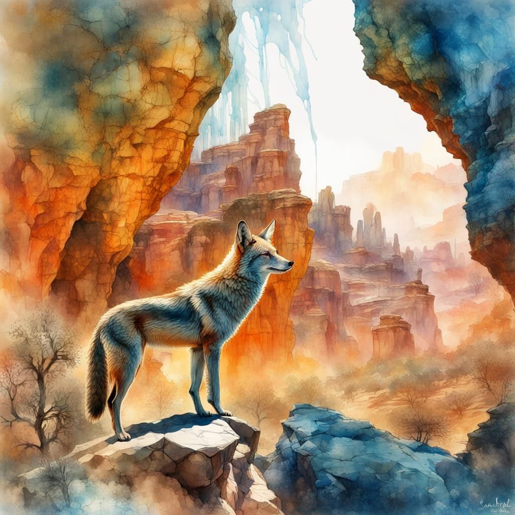 Coyotes in Desert Canyon: Digital Watercolor Art