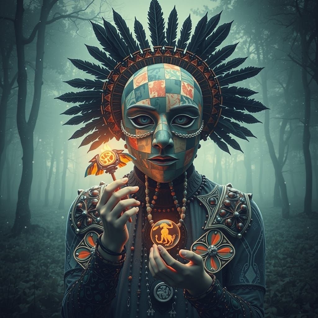 Mystical Shaman Mask of Gemstones in Ethereal Forest