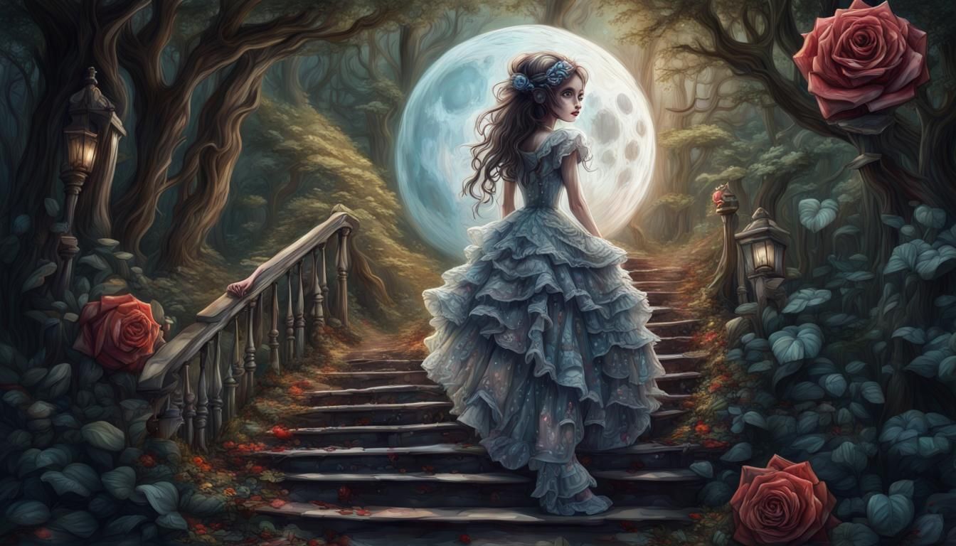 Ornate Glass Moon in Dark Woods: Tim Burton Expressionism