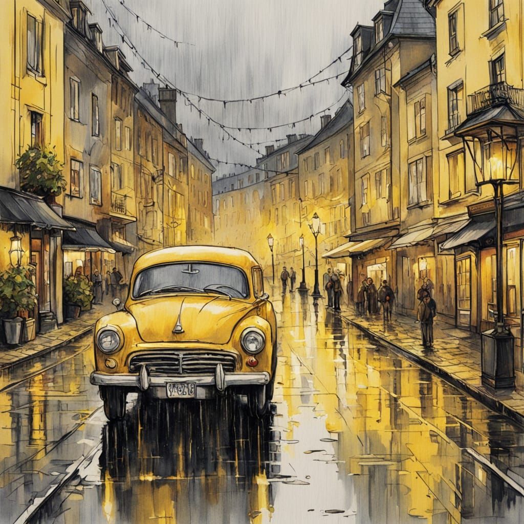 Rainy Cityscape in European Alcohol Painting Style