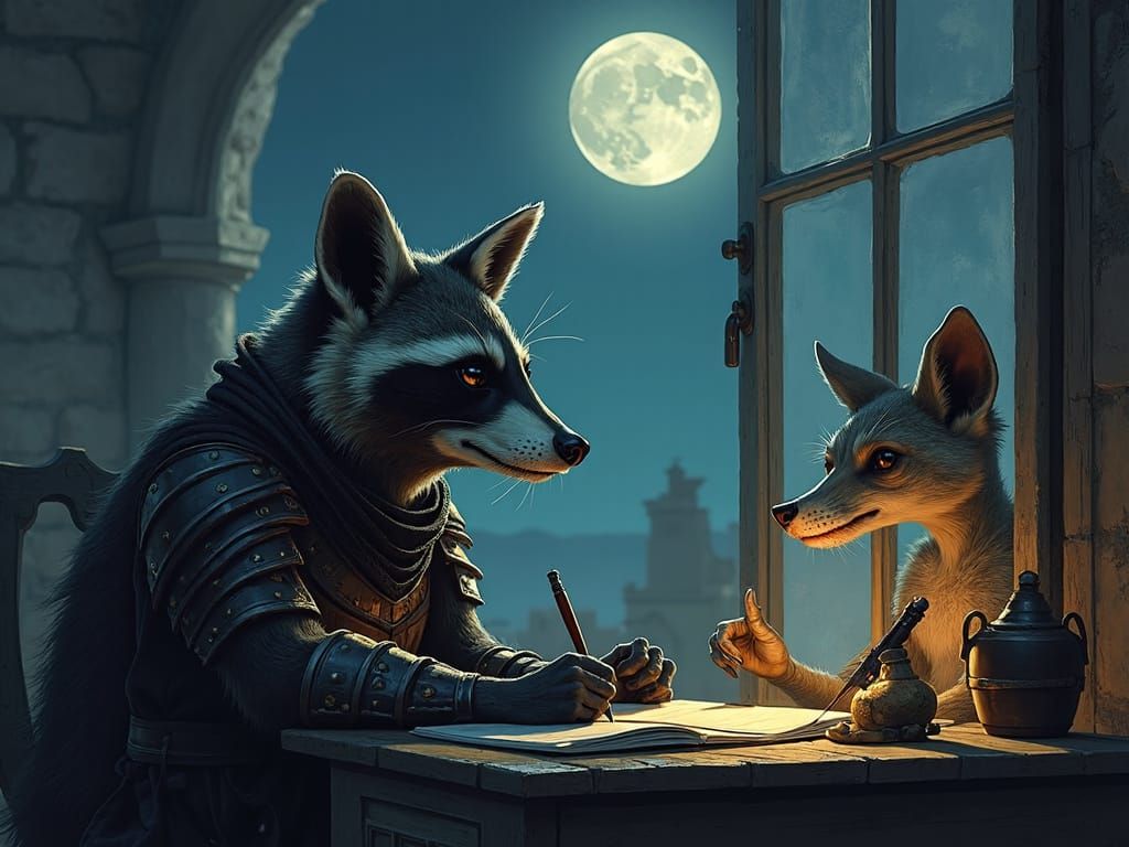 Raccoon Assassin and Anthro Dog, Medieval Digital Art