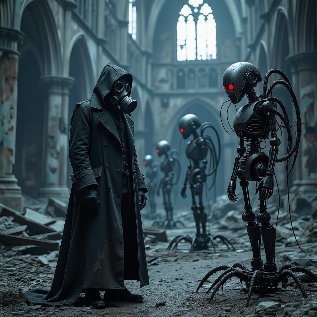 Nightmarish Figure in Gothic Cathedral Ruins