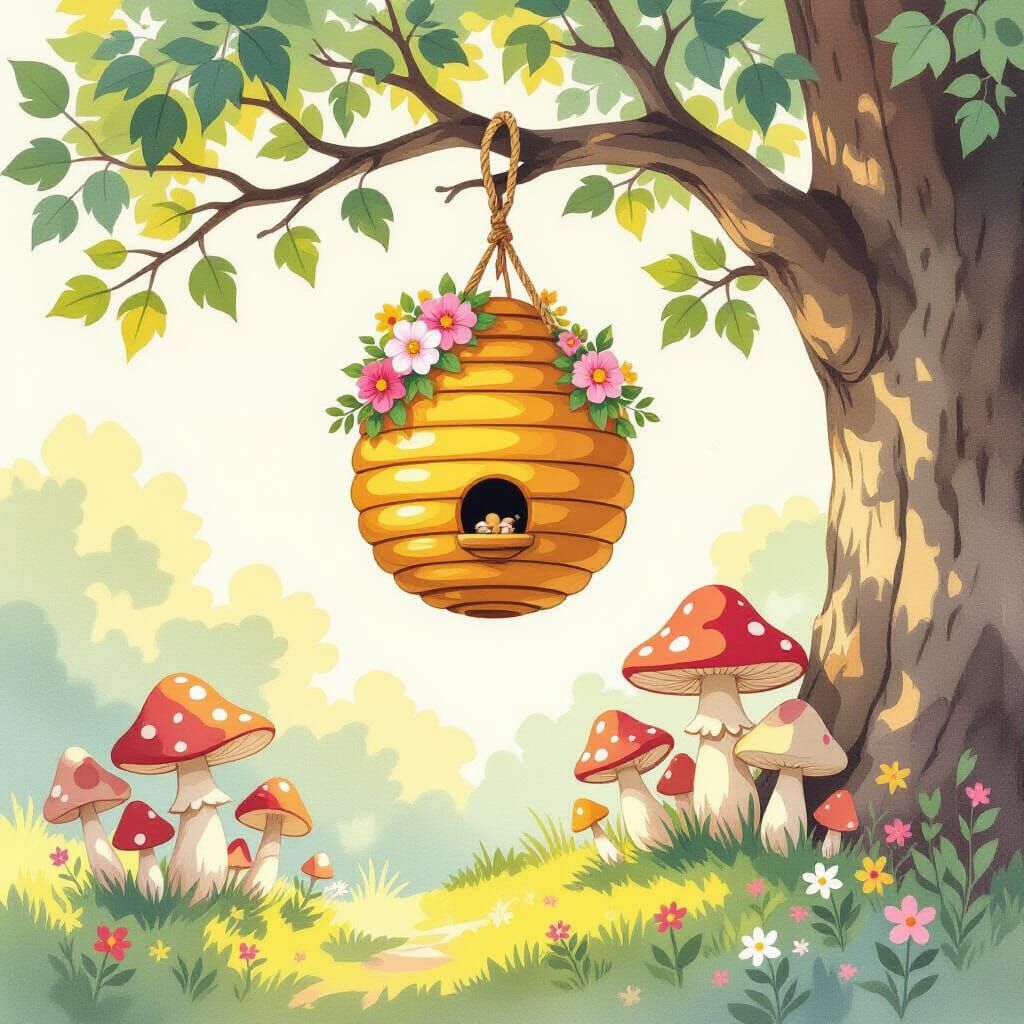 Whimsical Beehive and Retro Mushrooms in Watercolor Style