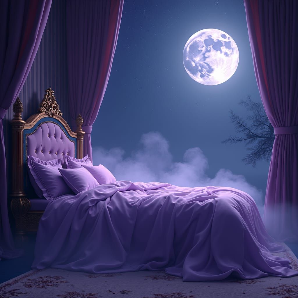 Lavender Mist Shrouds Purple Bed in Fantasy Scene