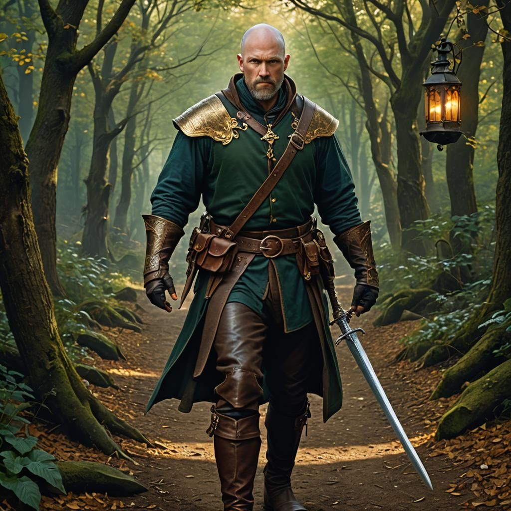 Fantasy Man with Glowing Swords in Hunter Green