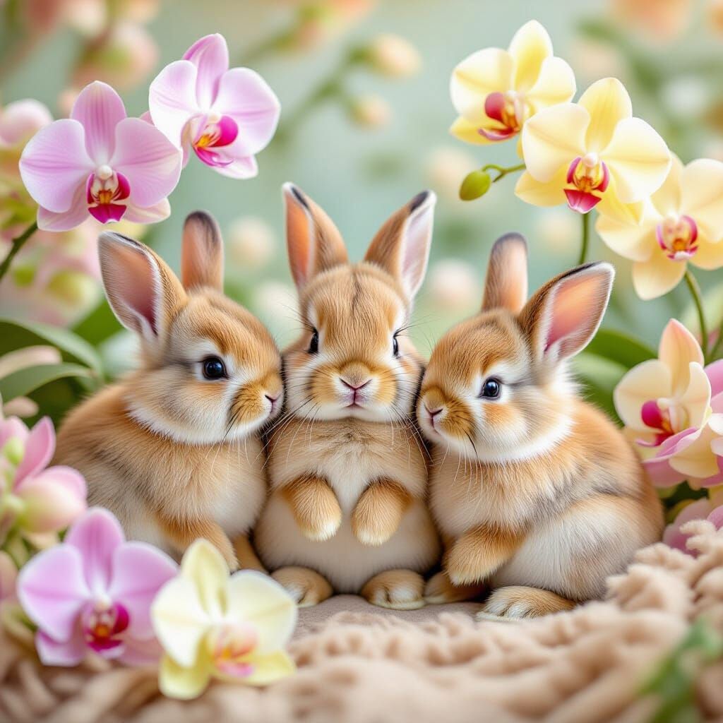 Baby Bunnies with Orchids in Whimsical Art Style