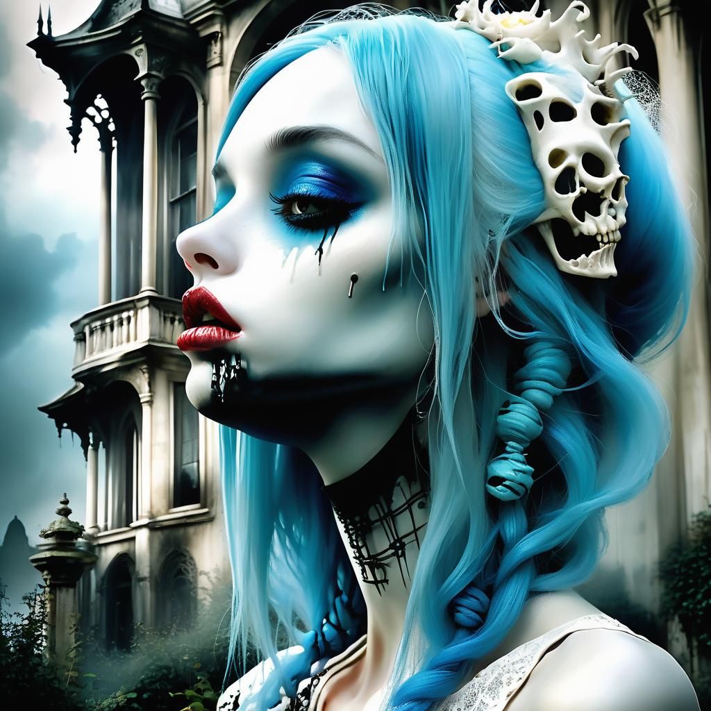 Gothic Blue-Haired Girl with Inflated Lips in Bone Garden