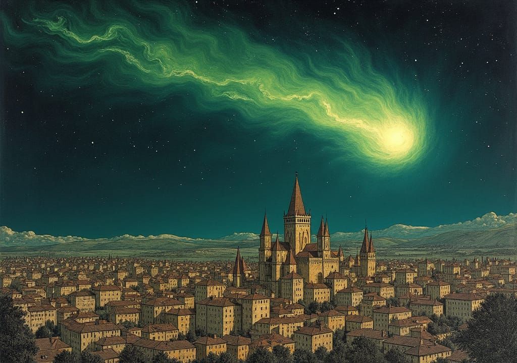 Green Comet Over Medieval City: Renaissance Drawing