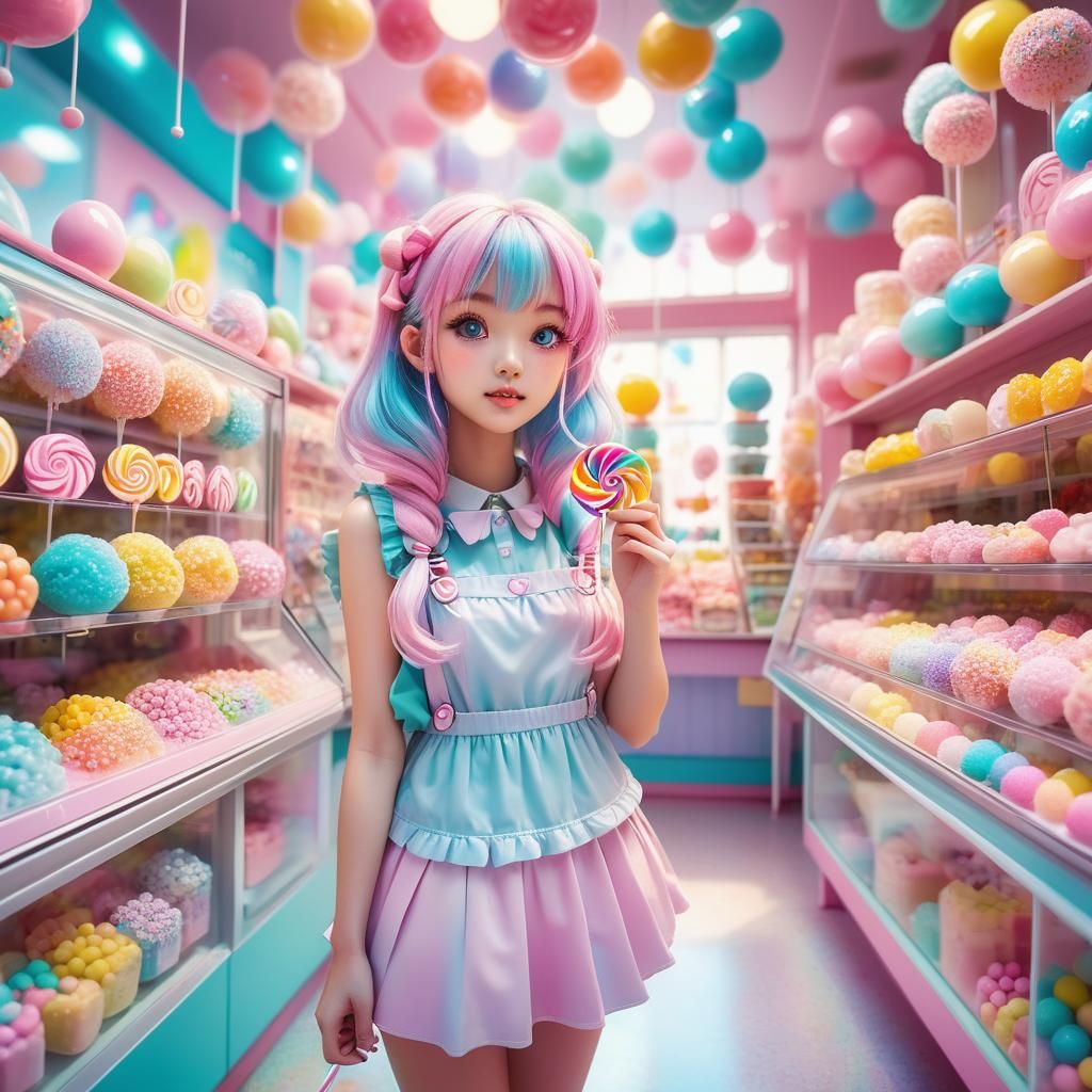 Cute Girl in Kawaii Anime Candy Shop
