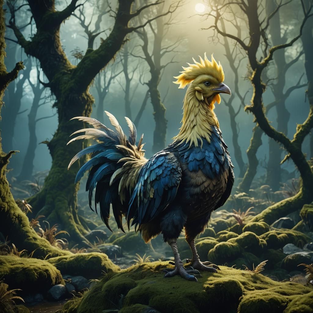 Chocobo in Moonlit Forest: Digital Matte Painting