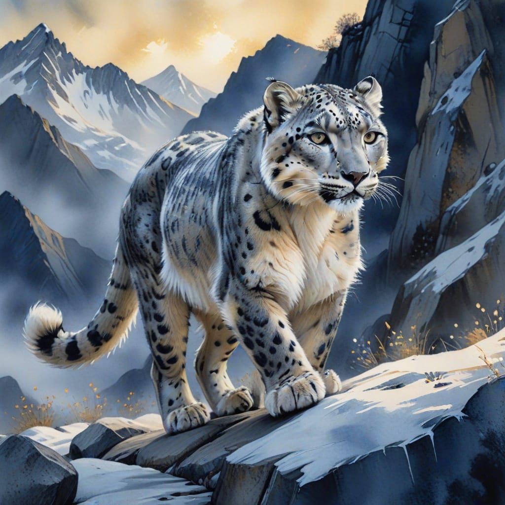 Snow Leopard in Sumi Ink Mountainscape