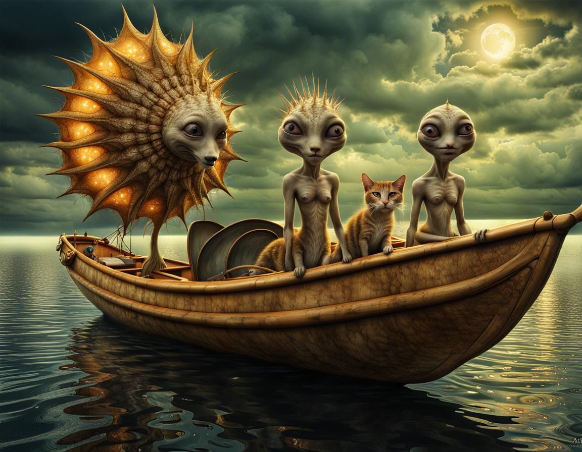 Smiling Alien People Sailing Powerboats: Surreal Photography