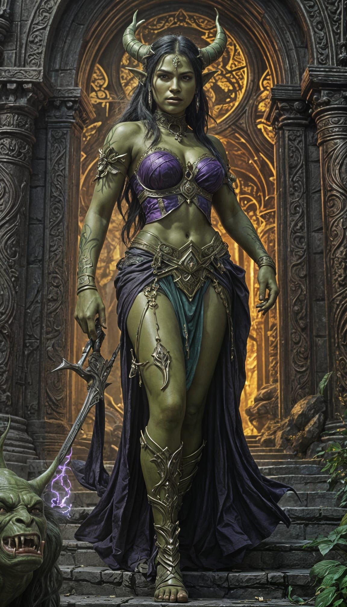 Orc Goddess Strutting Through Temple: Dark Fantasy Art
