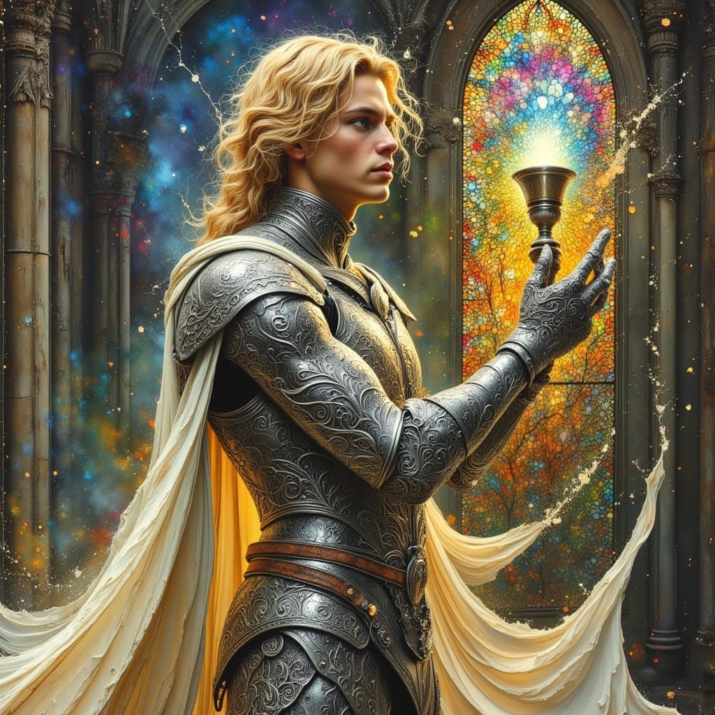 Medieval Knight in Grand Gothic Cathedral with the Holy Grai...