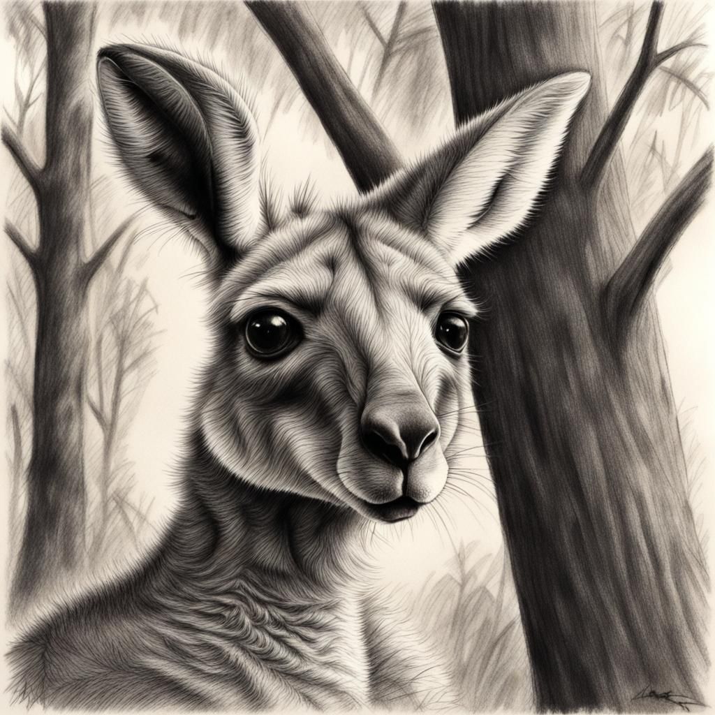 Gentle Kangaroo Joey: A Delicate Charcoal Drawing